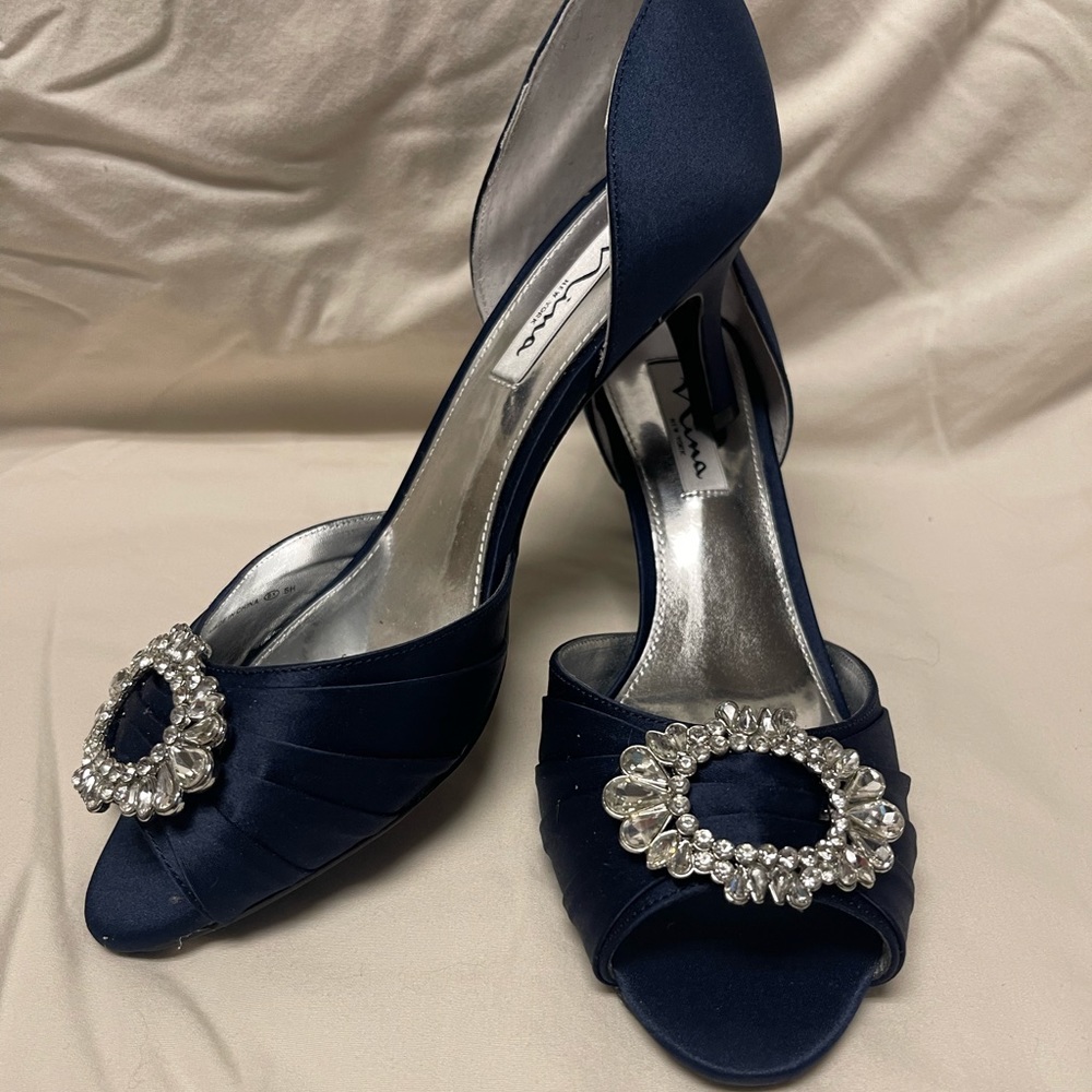Blue Satin Feel Heels with Silver Emblem, Nina New York Brand, New with Tags